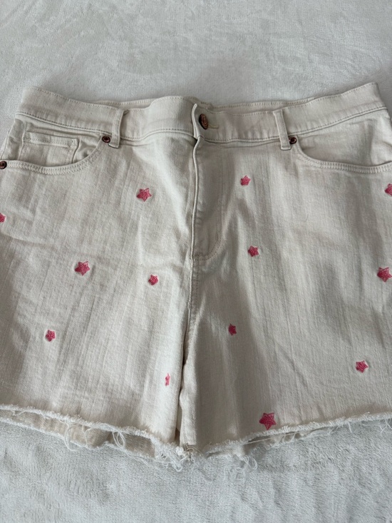 LOFT Pants - Loft Popcorn Cream Embroidered Pink Stars High Rise The Cut Off Short Sz 14 CT1
